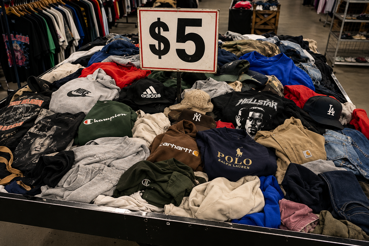 Stack of clothing with brand logos and a $5 sign in a store setting