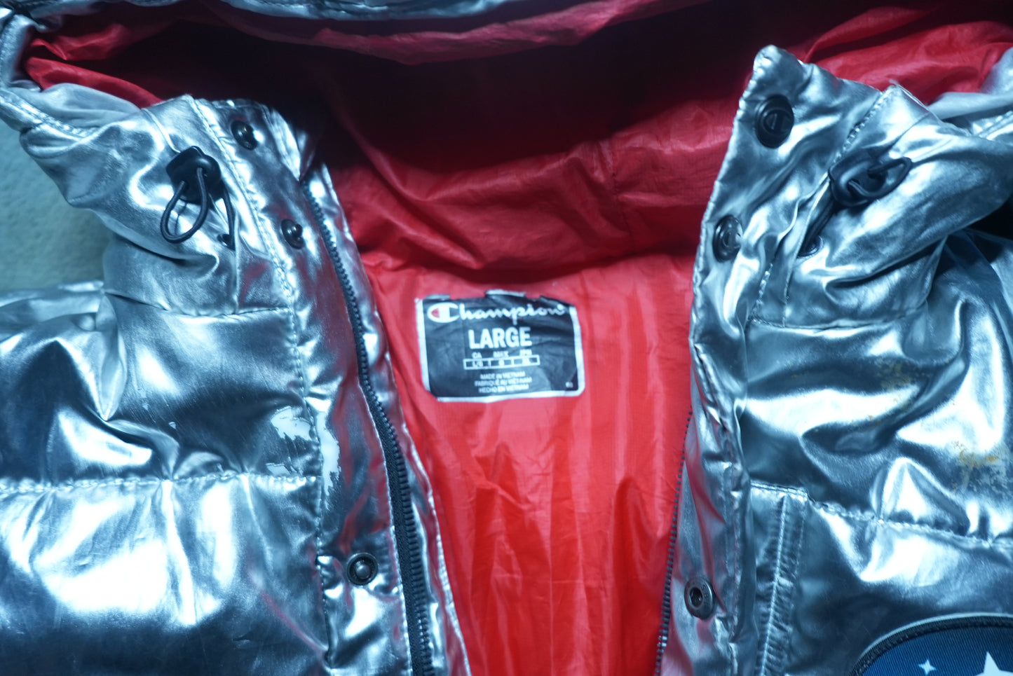 Vintage Champion "Space Cadet" Puffer Coat Metallic Silver L