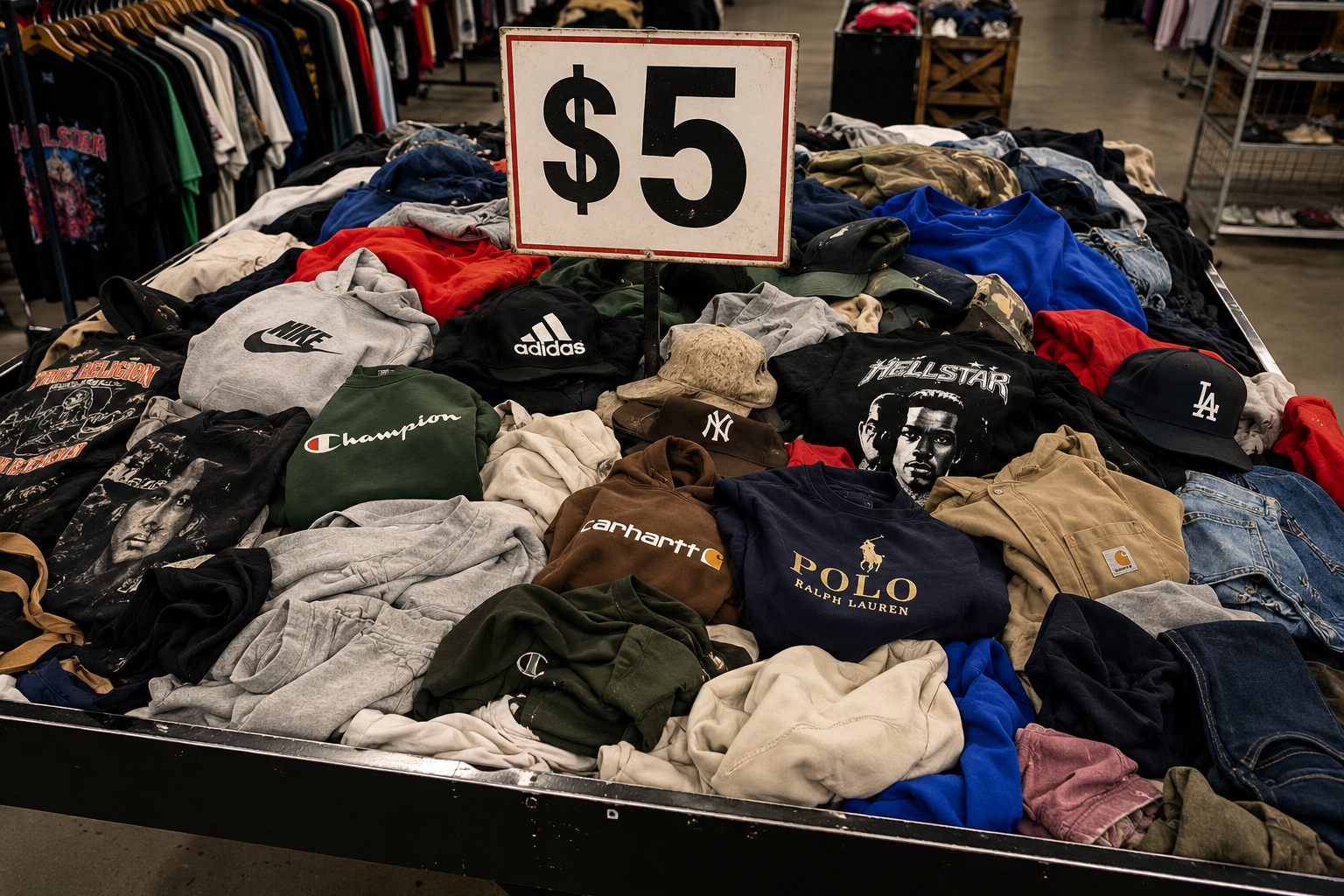 Stack of clothing with brand logos and a $5 sign in a store setting