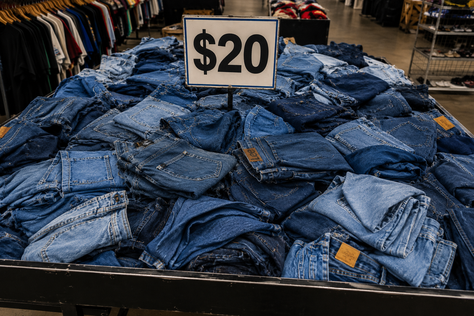 Stack of blue jeans with a $20 sign in a store setting