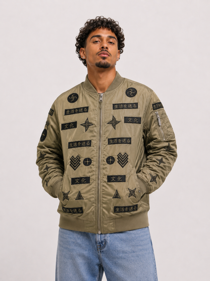 Front view of an American Stitch Japan souvenir bomber jacket with detailed embroidery in size Extra Large