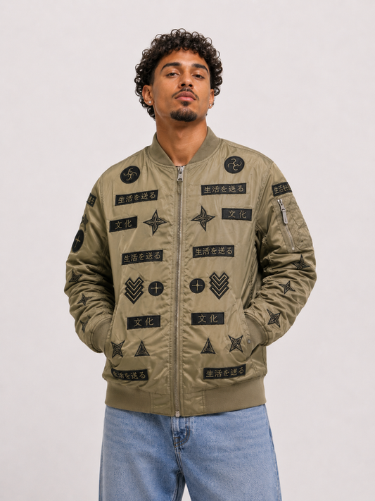 Front view of an American Stitch Japan souvenir bomber jacket with detailed embroidery in size Extra Large