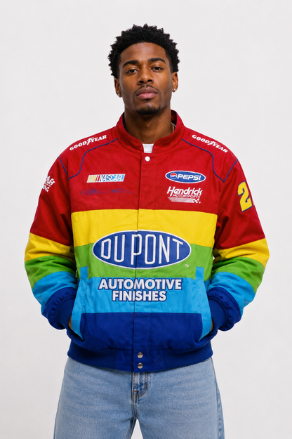 Front view of vintage Jeff Gordon DuPont NASCAR racing jacket in size Medium
