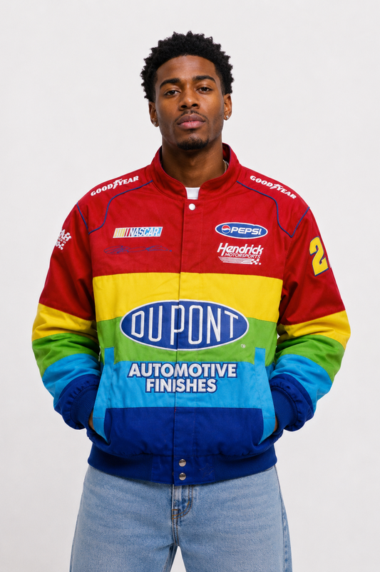 Front view of vintage Jeff Gordon DuPont NASCAR racing jacket in size Medium
