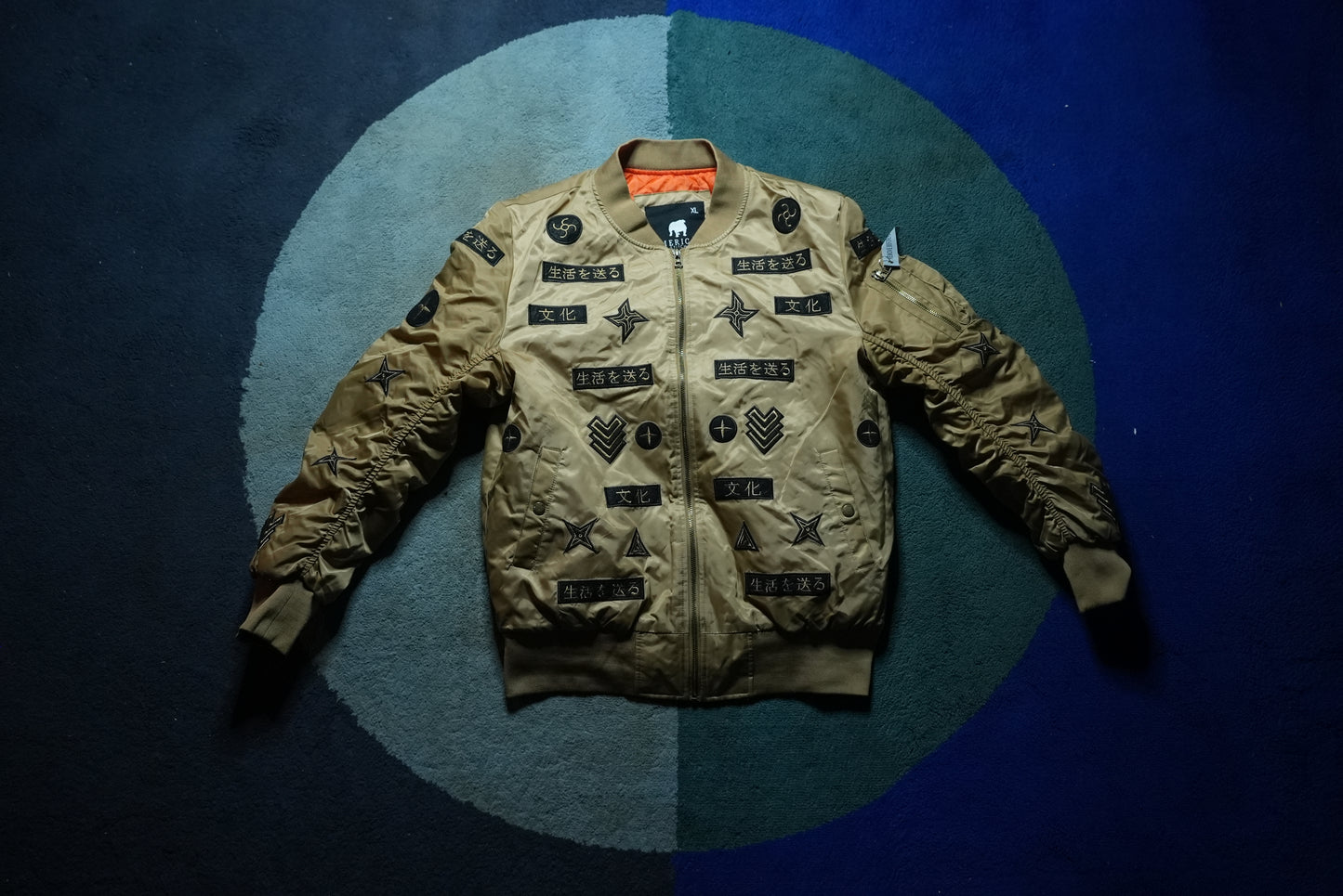 Front view of an American Stitch Japan souvenir bomber jacket with detailed embroidery in size Extra Large
