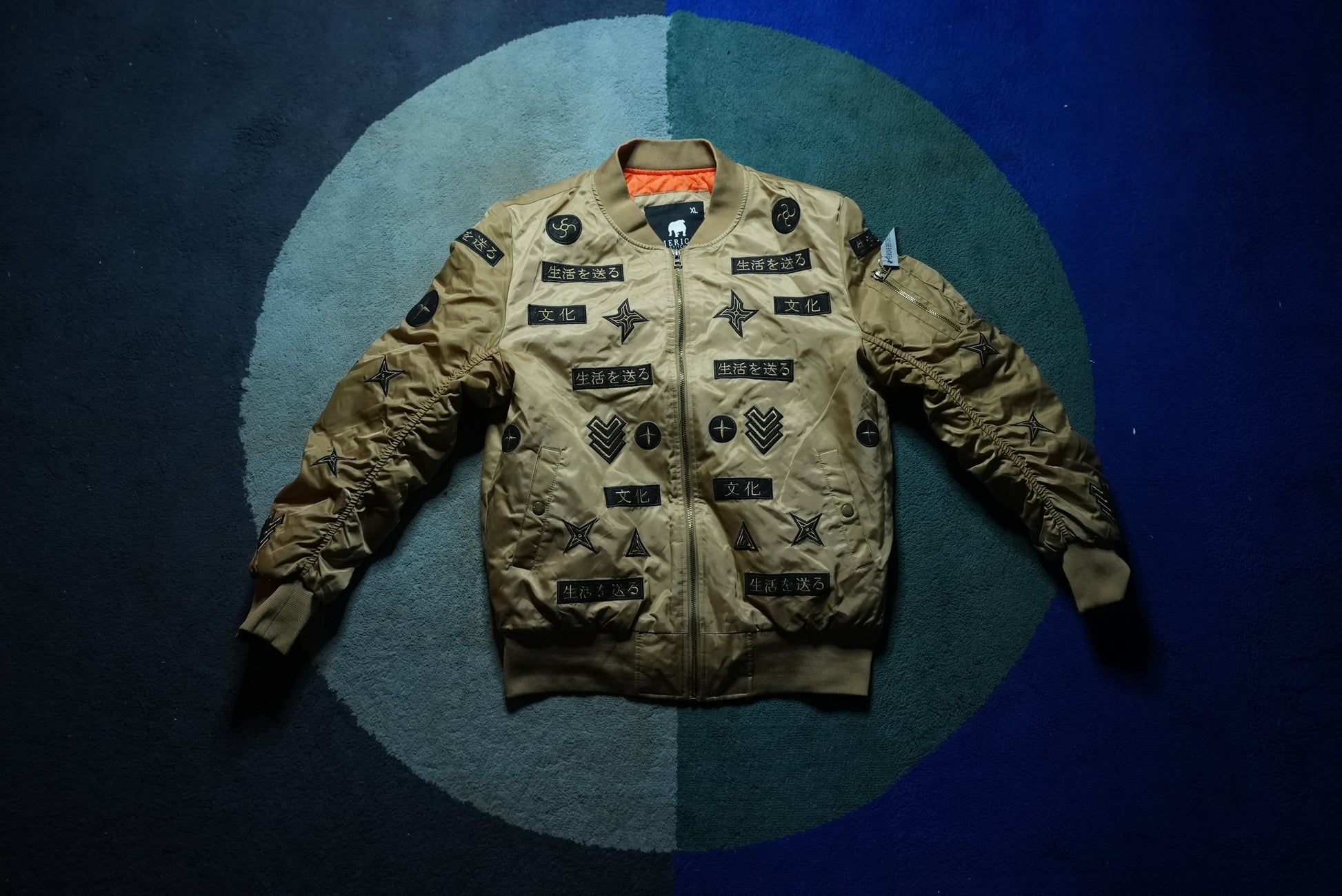 Front view of an American Stitch Japan souvenir bomber jacket with detailed embroidery in size Extra Large
