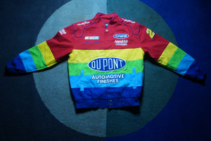 Front view of vintage Jeff Gordon DuPont NASCAR racing jacket in size Medium

